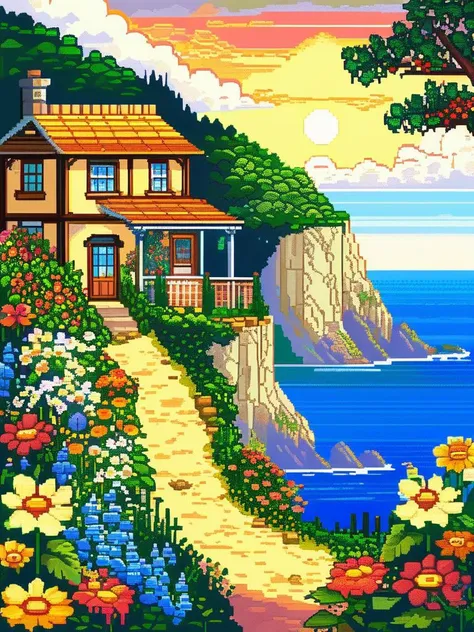 pixel art, 32 bit, a small countryside cottage perched on the edge of a towering cliff overlooking a vast ocean. The scene is bathed in warm golden light as the sun sets, creating a sense of peaceful solitude and wonder. The cottage is surrounded by lush greenery and colorful wildflowers, adding to the picturesque beauty. The level of detail is extraordinary, with intricate texture that brings the entire scene to life  <lora:pixel_art_lora:1.0>