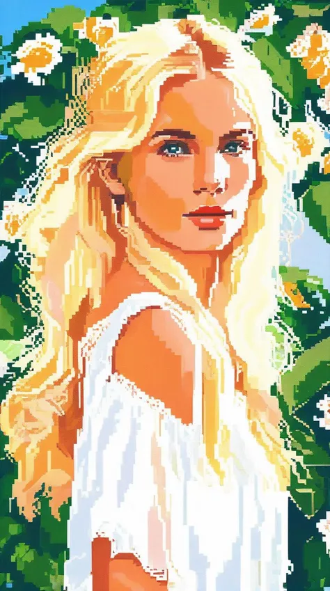 portrait of a woman with blonde hair, wearing a white summer dress, Pixel Art, highly detailed  <lora:pixel_art_lora:1>