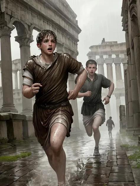 masterpiece, best quality, 2boys, athletic twunks, running, wet, wet clothes, (ancient Rome background), rain, realistic, dramatic lighting, atmospheric, intricate detail