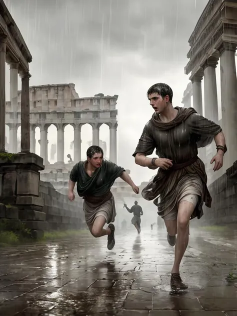 masterpiece, best quality, 2boys, athletic twunks, running, wet, wet clothes, (ancient Rome background), rain, realistic, dramatic lighting, atmospheric, intricate detail