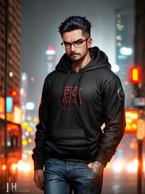 Photograph, 1Man, angry, glasses, short facial hair, black hoodie jeans, riot fires background, anarchist, bokeh, cinematic hd 8k highly detailed, trending artstation, at night, colorful, ((full sharp, highly detailed skin))