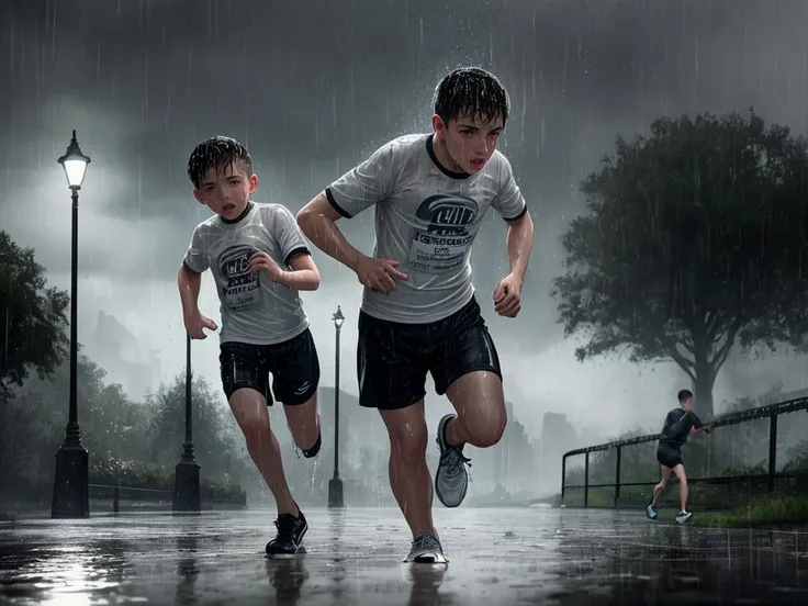 masterpiece, best quality, 2boys, athletic twunks, running, sport shorts, trainers, t-shirt, wet, wet clothes, (park background), rain, realistic, dramatic lighting, atmospheric, intricate detail