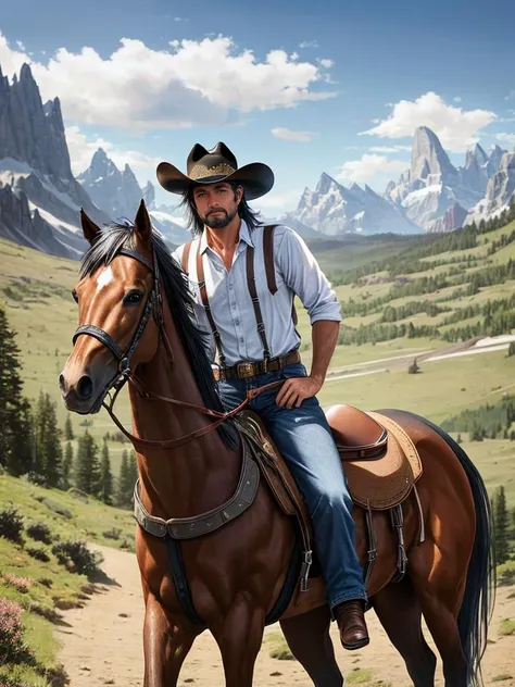 Photograph, Solo focus, cowboy riding a horse cowboy hat suspenders jeans grasping reigns, dusty, mountainous background, hyperdetailed photorealistic life-like accurate proportionate,