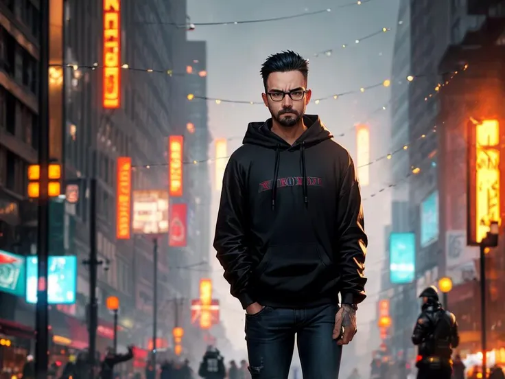 Photograph, 1Man, angry, glasses, short facial hair, black hoodie jeans, riot fires background, anarchist, bokeh, cinematic hd 8k highly detailed, trending artstation, at night, colorful, ((full sharp, highly detailed skin))