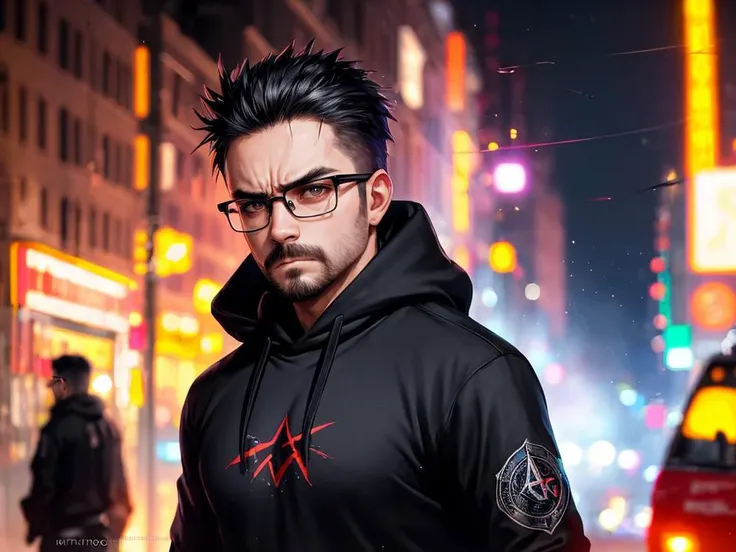 Photograph, 1Man, angry, glasses, short facial hair, black hoodie jeans, riot fires background, anarchist, bokeh, cinematic hd 8k highly detailed, trending artstation, at night, colorful, ((full sharp, highly detailed skin))