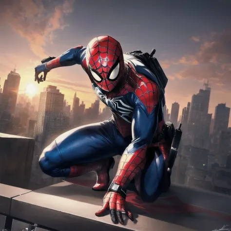 (masterpiece, 8K, UHD, best quality, official art:1.2), iconic superhero Spider-Man, (vibrant red and blue suit:1.3) illustrated with meticulous attention to detail, reflective surfaces catching the last rays of the setting sun creating a high contrast scene. (Signature white web patterns:1.1) and spider emblem on chest, masked face showcasing the iconic eye lenses, reflecting the (city's skyline:1.2). Action pose, mid-leap between cityscape, skyscrapers surrounding, webline attached to the corner of a towering building. (Incredible cityscape:1.2) bathed in warm orange and pink hues of the setting sun, casting long shadows. Show the dynamism of the character, the fluidity of his movements, and the anticipation of the next swing. The background transitioning from the architectural jungle into a soft sunset sky, capturing a moment of calm before the night's patrol. Reflect his sense of purpose and determination, the responsibility of the vigilant hero he embodies