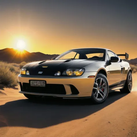 (masterpiece, 8K, UHD, photo-realistic, best quality:1.3), (dynamic, sleek sports car:1.4), vibrant red paint, (shiny chrome accents:1.2), speeding on a desert highway, dust trail, (gleaming sunlight reflection:1.1), detailed interior seen through the windshield, black leather seats, (dashboard illuminated:1.2), speedometer needle pushing the limit, (flaring exhaust:1.3), arid desert backdrop, towering sand dunes, (blazing sun setting:1.2), vibrant colors, dynamic angle, intense emotion, car in mid-acceleration, (cactus silhouettes:1.1), long shadows, warm colors, dusty atmosphere, high contrast