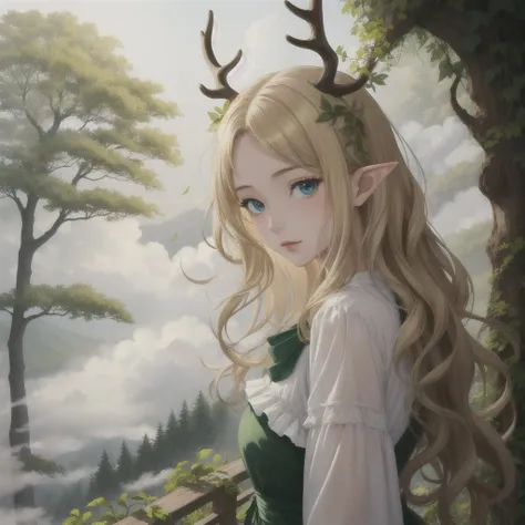 Anime (masterpiece, best quality), 1girl, intricate details, blonde, leaf, wavy hair, looking at viewer, elf, upper body, forest, frills, mist, deer antlers,