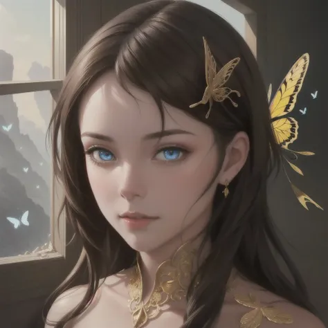 8k portrait of beautiful cyborg with brown hair, intricate, elegant, highly detailed, majestic, digital photography, art by artgerm and ruan jia and greg rutkowski surreal painting gold butterfly filigree, broken glass, (masterpiece, sidelighting, finely detailed beautiful eyes: 1.2), hdr, <lora:more_details:0.36>