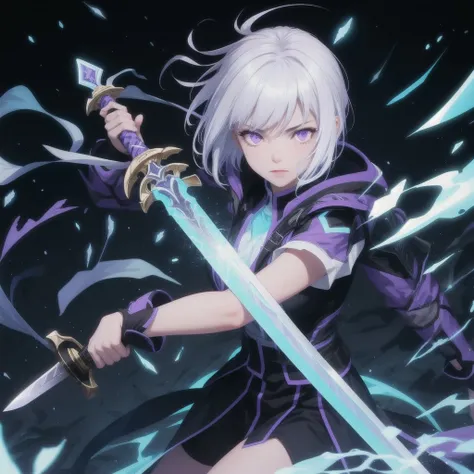 colorful, 1girl, white hair, purple eyes, dual wielding, sword, holding sword, blue flames, glow, glowing weapon, light particles, wallpaper, chromatic aberration,