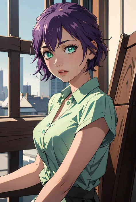 (masterpiece, best quality), 1girl, <lora:segawa_hiro_v1:0.8> 1girl, solo, short hair, purple hair, green eyes