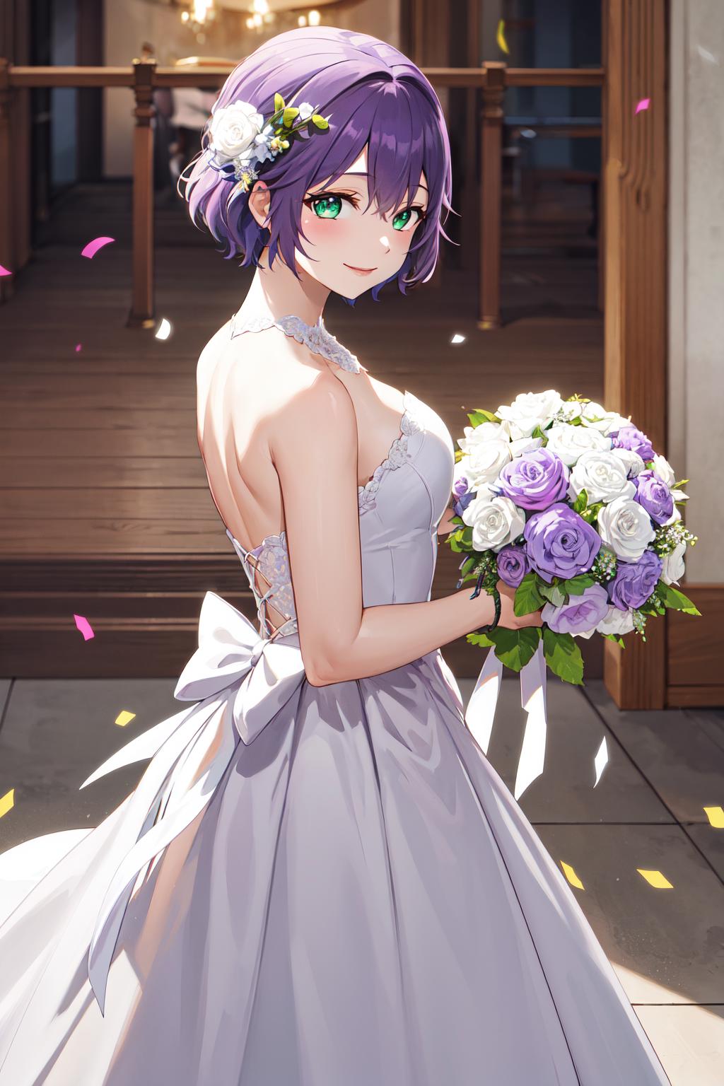 A woman in a dress holding a bouquet of flowers - SeaArt AI