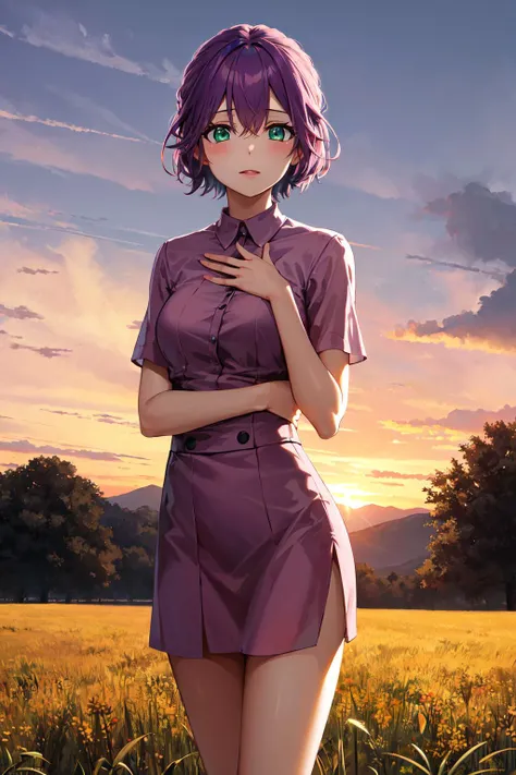 masterpiece, best quality, highres, 1girl, solo, short hair, purple hair, green eyes, <lora:segawa_hiro_v1:0.7>, sunset, field, standing, hand on own chest,