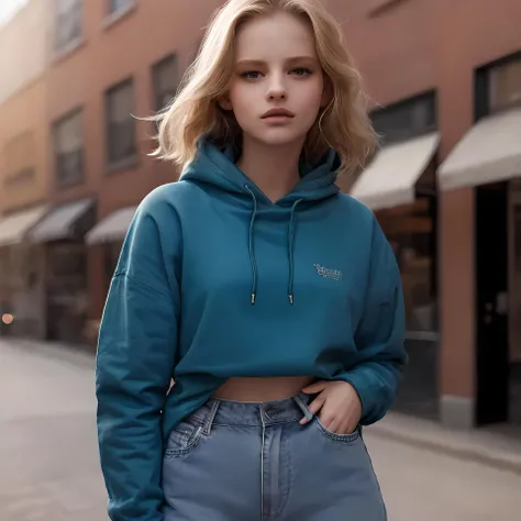 (masterpiece:1.2, best quality:1.2, high resolution), <lora:Alexandra_Bortich-07:1> alexandra bortich, detailed face, (blue hoodie:1.1), waist, outdoor, city, sun, sun rays, shadow, realistic, raw photo, model pose, <lora:baggy_jeans_v0.9:0.9> jeans,