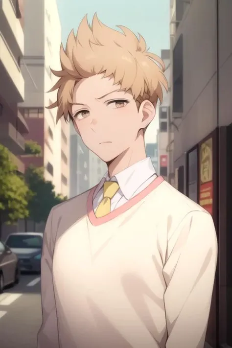 masterpiece, best quality, illustration, 1boy, solo, male focus, looking at viewer, upper body, depth of field, <lora:shinnosuke_kamei:0.76>, shinnosuke_kamei, blonde hair, brown eyes, sleeveless shirt, homburg, The City of Glas, HD-DVD