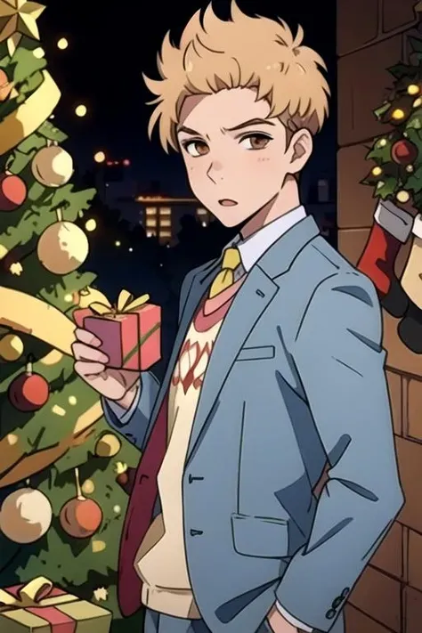 masterpiece, best quality, photorealistic, 1boy, solo, male focus, looking at viewer, , depth of field, <lora:shinnosuke_kamei:0.68>, shinnosuke_kamei, blonde hair, brown eyes, christmas costume, biopunk, HDR