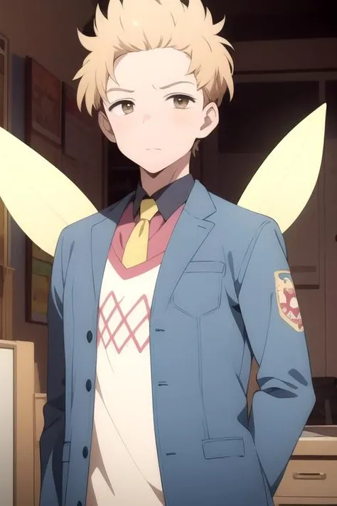 masterpiece, best quality, illustration, 1boy, solo, male focus, looking at viewer, upper body, , <lora:shinnosuke_kamei:0.68>, shinnosuke_kamei, blonde hair, brown eyes, biker costume, Fairyland: A place where fairies and other magical creatures live, 4k resolution
