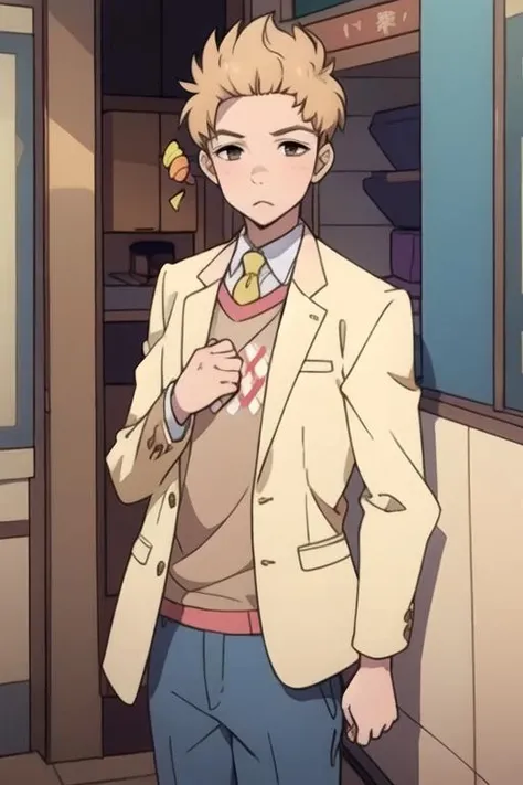 masterpiece, best quality, , 1boy, solo, male focus, looking at viewer, , , <lora:shinnosuke_kamei:0.70>, shinnosuke_kamei, blonde hair, brown eyes, candy costume, ,