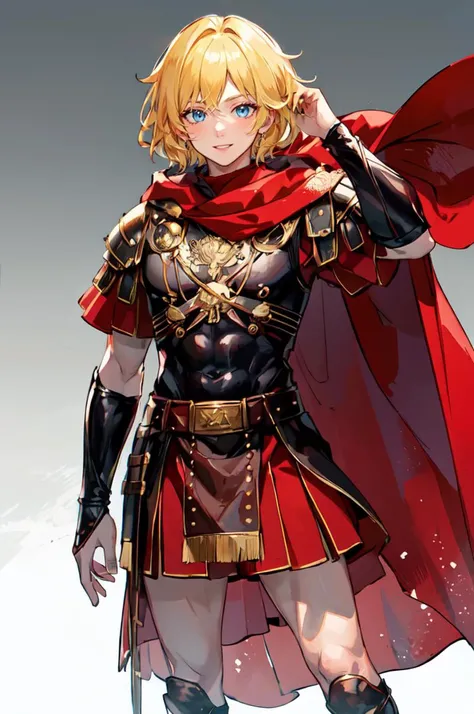 <lora:roman_armor:0.55> roman_armor, armor, red_cape, red_skirt, short_sleeves,, ultra detailed, masterpiece, best quality,, solo, smile, 1boy, blue eyes, medium blonde hair, parted bangs, hair intakes, male focus, muscular male,