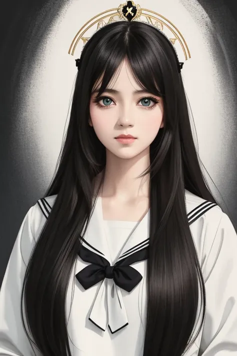 trending on ArtStation, trending on CGSociety, Intricate, High Detail, Sharp focus, dramatic, photorealistic painting art by midjourney and greg rutkowski, {an extremely delicate and beautiful girl}, cg 8k wallpaper, masterpiece, cold expression, handsome, medium breastsupper body, looking at viewer, school uniform, sailor suit,serafuku, messy long hair, big eyes, beautiful detailed eyes {{a black cross hairpin}}, handsome,Hair glows,dramatic angle,