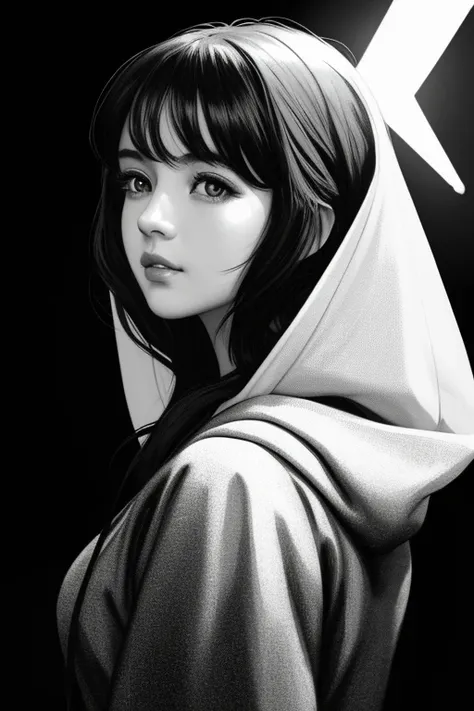 trending on ArtStation, trending on CGSociety, Intricate, High Detail, Sharp focus, dramatic, photorealistic painting art by midjourney and greg rutkowski, ((best quality)), ((masterpiece)), highres, original, extremely detailed wallpaper,an extremely delicate and beautiful,illustration,cinematic lighting, volume lighting, bloom effect, light particles,((1girl)),beautifuldetailedeyes,longsleeves,hoodie,frills,noshadow,simplebackground,(((black background))), European style, brightskin,(((1980s(style)))), theater, silhouette, greyscale, monochrome,((Big wavy curls)), slit pupils,(((looking back))),cinematic angle, (((close-up))),(((portrait))),lens flare,seductive smile, tarot, medium hair