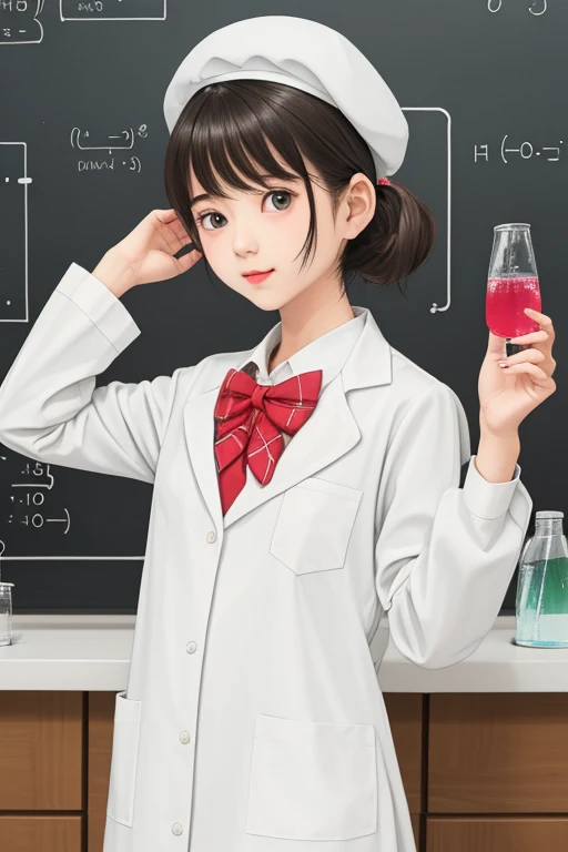Lineart, masterpiece, cool posing, (lab reaction systems:1.4), { experiment, lab, {{{chemistry laboratory}}}, delicate background, cool, {with a laboratory as background}}, best quality, a girl, solo: {papercut, thick outline: 2, short brown hair, short wavy hair, floating lab-gown, flat chest, white school uniform, white beret, bowknot over white beret , outline}, masterpiece