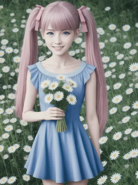 (solo:1.5), (:1.0), (thin waist:0.5), (looks at the viewer:1.5),
(dark pink hair:1.5), (short hair:1.5), (short twintail:1.2), fluffy ponytails, sidelocks, (twintail light blue ribbons:1.5), blunt bangs,
(beautiful face:1.5), (oval face:1.2), (pointed chin:1.0), (magenta eyes:1.5), (sharp look:1.5), (kind look:1.5), (kind smile:1.3), (smug smile:0.8), (happy smile:1.2),
(loose sundress:1.5), (long dress:0.7), (light blue dress:1.5), (symmetrical dress:1.5), (dark blue geometric ornament dress:1.4),
(BG flower meadow in a fairy forest with bluebells, cornflowers, daisies and poppies, the rays of the sun break through the crown:1.2), straight horizon,
(stands in the middle of the frame and holds a bouquet of daisies in his hands:1.2),
masterpiece, best quality, ultra-detailed, intricate detail, detailed beautiful face and eyes, 8k, beautiful lighting, digital art, perfect hands, perfect anatomy, vector graphics