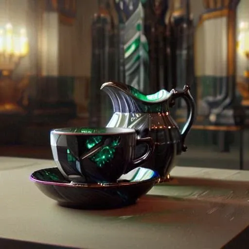 ObsidianEmerald teacup on a table next to a pitcher in an empty room. volumetric lighting. <lora:ObsidianEmerald:2.2>