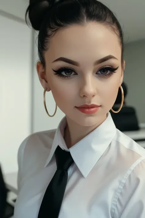 <lora:ashley-05:0.5>, ashley,photo of a woman, epic, , perfect hair, beautiful perfect skin, ((hair up, hair in bun, busy office)), (modern photo, necktie, shirt), 24mm, (analog, cinematic, film grain:1.3), , detailed eyes, (upper body), (looking at viewer), earrings, (eyeliner, eyelashes)