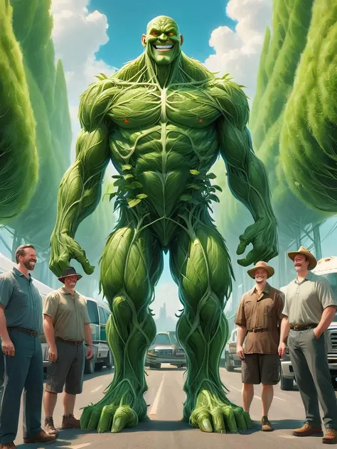 1giant green plant man,1woman, smile, 1man, hat, outdoors, multiple men, sky, day, 2men, grin, colored skin, traditional media, parody, ground vehicle, motor vehicle, car, green skin, truck, giant green man standing in background, humongous green plant man in background, extremely detailed, mystical, focused  <lora:wrenchsfantasy:0.8> wrenchsfantasy, fantasy, glowing, glowing eyes <lora:Giantess_World_XL:0.8> mesogts, macrogts <lora:tranzp:1.0> tranzp