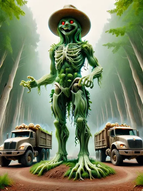 1giant green plant man,1woman, smile, 1man, hat, outdoors, multiple men, sky, day, 2men, grin, colored skin, traditional media, parody, ground vehicle, motor vehicle, car, green skin, truck, giant green man standing in background, humongous green plant man in background, extremely detailed, mystical, focused <lora:zkeleton:0.8> zkeleton <lora:ral-mycelium:0.8> ral-mycelium <lora:wrenchsfantasy:0.8> wrenchsfantasy, fantasy, glowing, glowing eyes <lora:Giantess_World_XL:0.8> mesogts, macrogts <lora:tranzp:0.8> tranzp