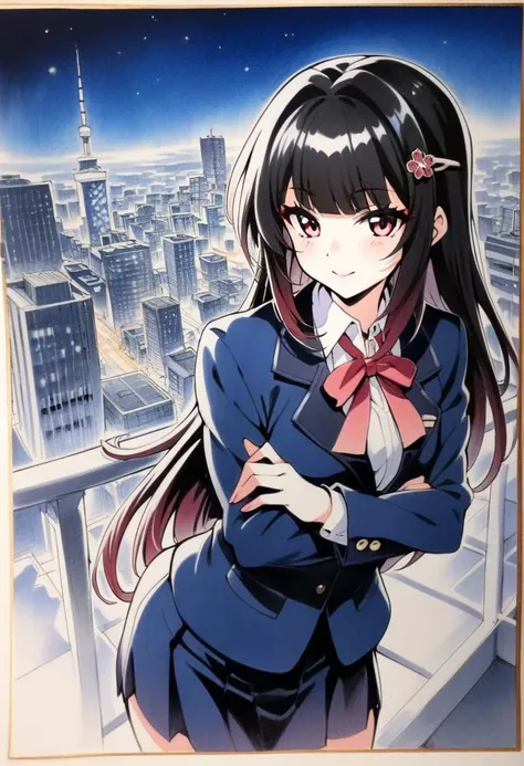 <lora:sparkle_v3:1>, blazer, 1girl, looking_at_viewer, honkai_(series), solo, closed mouth, leaning forward,
1990s, Tokyo, night, wide shot, traditional media, cityscape, rooftop, mid, anime coloring, skirt, railing,crossed arms,
ultra-detailed, best quality, (masterpiece), depth of field,