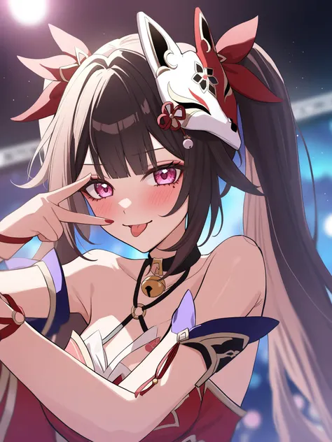 torino aqua,by omutatsu,oshi_no_ko,cinema angle,
masterpiece,best quality,highres,absurdres,detailed, aesthetic, beautiful, beautiful color,1girl,solo,depth of field,stage light,
:p, v, double v, face focus,blush,naughty face,tongue,
idol,(idol clothes),
sparkle \(honkai: star rail\),gloves,(mask:1.2),bare shoulders,
<lora:Sparkle_XL:1>