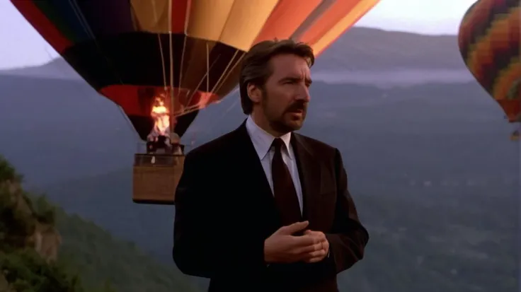 <lora:Hans Gruber (Die Hard) - SDXL - Trigger w Hansgruber Person:.7> film scene with hansgruber person,, film footage, a surprise proposal on a hot air balloon ride over a scenic mountain range in a action film directed by gaspar no , Obliging and foreboding, shocked at the power of Artificial Intelligence. Space Launch , <lora:Triangle Glass Houses Artsyle - Trigger is trhs artstyle:1> trhs artstyle