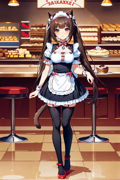 (masterpiece, best quality, ultra detailed, absurdres)1.5, 1girl, (sexy, beautiful woman, perfect face, perfect eyes, perfect female body, huge breasts)1.5, (chocola, long hair, blush, bangs, brown hair, bow, animal ears, twintails, puffy sleeves, cat ears, cat tail, blunt bangs, bowtie, character name, wrist cuffs, maid, maid headdress, bell, :3, slit pupils, jingle bell, name tag, waitress, thighhighs, red high heels, <lora:chocola:0.7>), (full body, standing, indoors, bakery), perfect lighting, smooth, hdr