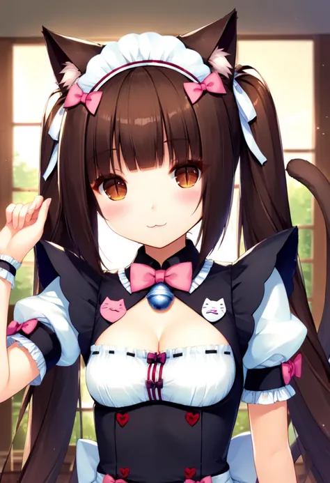 PonyXLV6_Scores ,source_anime, original anime style, masterpiece,best quality, highly detailed,<lora:xl_more_art-full_v1:0.8>,cinematic,volumetric light,
BREAK
<lora:chocola:0.8>chocola, 1girl, solo, long hair, breasts, looking at viewer, blush, smile, bangs, brown hair, bow, ribbon, animal ears, twintails, brown eyes, very long hair, tail, upper body, short sleeves, small breasts, puffy sleeves, cat ears, blunt bangs, bowtie, puffy short sleeves, cat tail, wrist cuffs, maid, maid headdress, clothing cutout, bell, :3, cleavage cutout, cat girl, slit pupils, jingle bell, name tag, ribbon-trimmed clothes