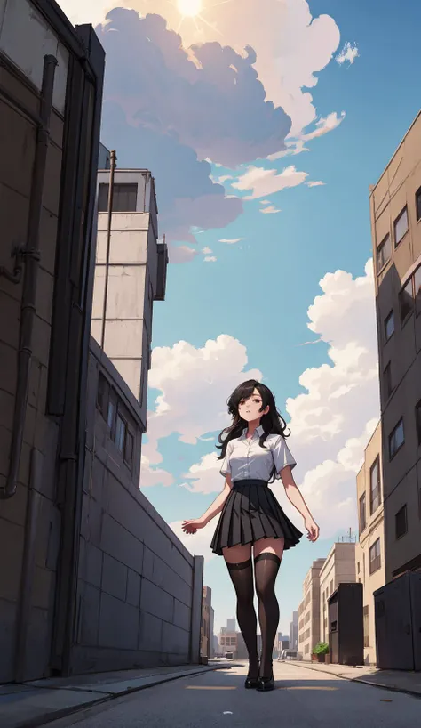 1girl, solo, full body, black pleated skirt, (black thigh highs), white shirt, short sleeves, long hair, blue sky, clouds, standing on rooftop, cityspase, wide shot, sun