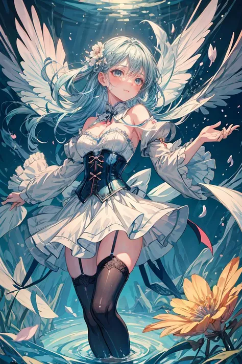 (masterpiece, best quality), 1girl, light blue hair, water hair, light blue eyes, flying petals, water blade, light blue water magic circle, light blue corset, black thighhighs, sidelighting, light particles, abstract, <lora:add_detail:1>