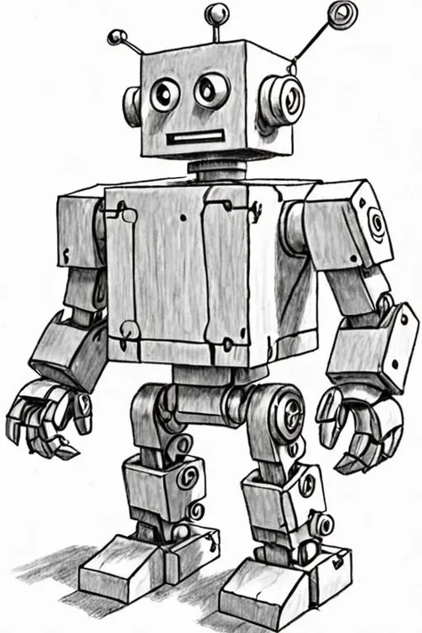 a black and white pencil drawing of a robot made of blocks on a white background by Mark Kistler <lora:Mark_Kistler_Style_XL:1>