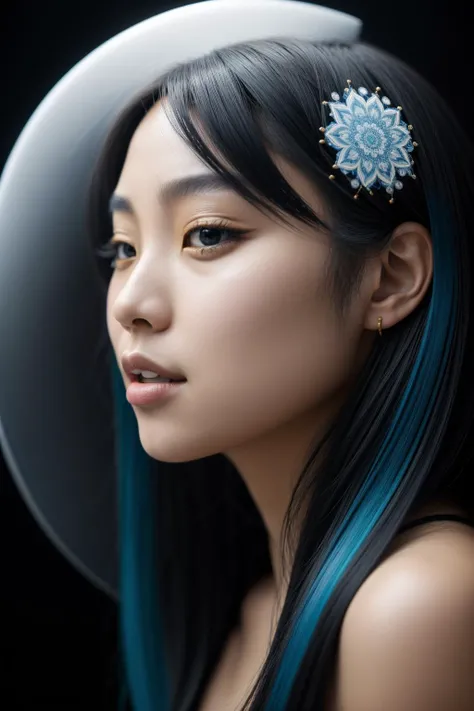 1girl, 8k Abstract, electric indigo flora with Wilderness, Golden ratio, side view shot of a K-pop Tasteful ("The Life of Lao Tzu":1.3) , Bahamian background, Snowy, deep focus, Dark and Gritty, Rollerwave, hard light, Circular polarizer, two colors, Mandala, Charcoal and Gray fractal art, ultra high res, dslr