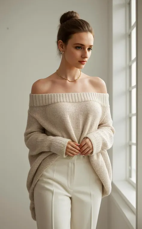 (interesting fashion photo. style of [Cathleen McAllister|Ilya Kuvshinov]:1.1), Aerial view, (style of Annie Leibovitz), an busty young woman standing in a minimalist, high-contrast setting, bathed in soft, natural light filtering through large windows. She's draped in a luxurious, oversized creme sweater, its texture rich and inviting, suggesting cashmere or a similarly plush material. The sweater is flirty and defines her large natural bossom, falling off one shoulder to reveal a hint of a delicate, lace-trimmed camisole beneath, blending comfort with an understated sensuality. Her posture is one of graceful impatience, with one hand resting on her hip and the other dangling a sleek, modern smartphone, hinting at the modern, connected world's influence on her. Her attire is complemented by slim-fitting trousers in a neutral tone, grounding the outfit and adding a sleek silhouette. Minimalist jewelryâa thin gold chain around her neck and small, elegant stud earringsâadd a touch of sophistication without overwhelming. Her hair is styled in a simple, chic bun at the nape of her neck, and her makeup is natural, with a focus on glowing skin and a soft, nude lip. The setting around her is deliberately sparse, with the emphasis on the interplay of light and shadow, highlighting the sweater's texture and the woman's expressive stance. The mood is a blend of anticipation and stylish serenity, capturing a moment of fashionable waiting, where the subject's elegance and the simplicity of her surroundings speak volumes, creating a timeless yet contemporary scene.
