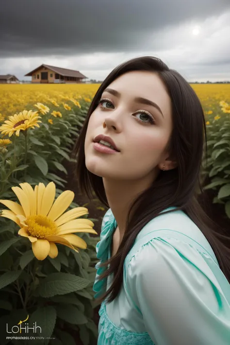 1girl, pleasant VRay, masterpiece, angle from below of a Horrid Foggy Lemon Yellow, Sky Blue and Mint Green Mexican ([Bungalow|nourish]:1.3) , it is anthropomorphic with a face, it is sleek, Maximalist flower field in background, dark indigo nature and fauna, Stormy weather, Very wide view, (stylized by Loish:1.2) , Romantic, elegant, Neo-Expressionism, spotlit, Selective focus, Dark hue, bold lettering, Floral motives, trending on CGSociety, professional