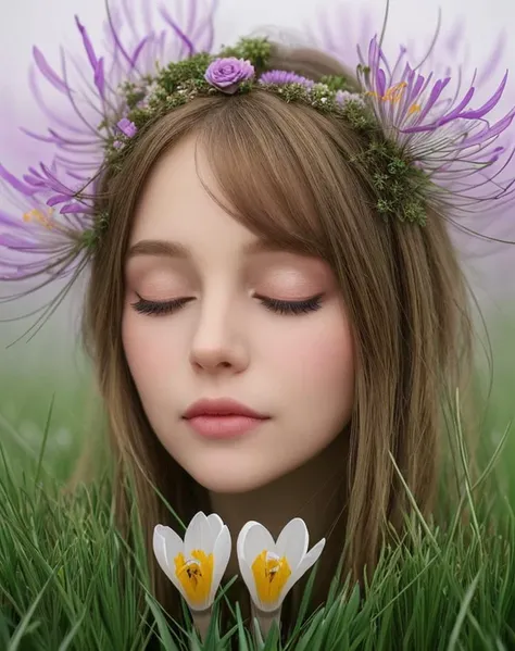Dreamscape  face consists of flowers pressed close together
eyes out of roses, intricate pupils, hair made of grass,  crocus sprouts from the pores
photo, reality, hyper detailed, blonde grass . Surreal, ethereal, dreamy, mysterious, fantasy, highly detailed