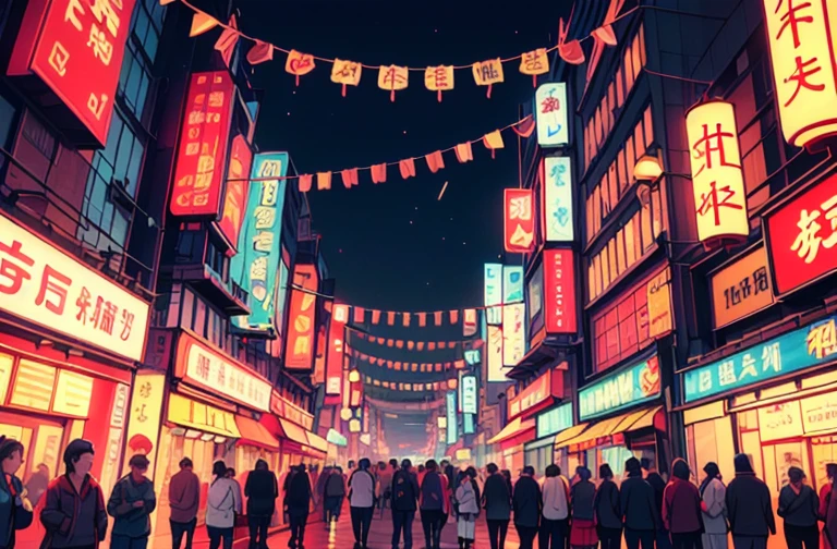 A vintage cyberpunk scene in the heart of a bustling Chinatown during the Chinese New Year celebrations, where the Year of the Dragon is in full swing. Against the backdrop of towering neon signs and billboards adorned with traditional Chinese art and modern advertisements. Incense fills the air as they pass by colorful stalls selling traditional New Year's delicacies, such as candied fruits, nuts, and dragon beard candy. people gather around games of chance, Red and gold streamers hang from every surface, reflecting the vibrant energy and hopeful spirit of the season. In the distance, the iconic skyline of the city looms large, its own share of neon lights and towering skyscrapers a testament to the city's technological advancement and resilience. <lora:Synthwave_Style:0.21> Synthwave