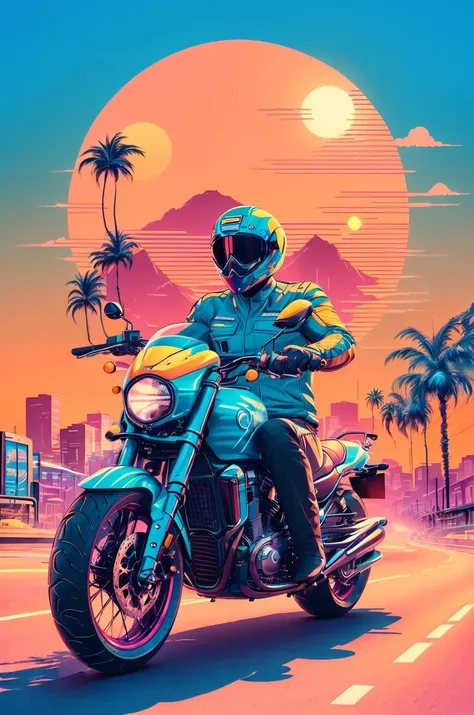 motorcycle, 1man, palms, sun, illustration, vector, synthwave, <lora:Synthwave_Style:0.75>