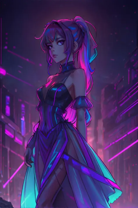 <lora:synthwave1983:0.5>, synthwave, woman wearing holographic tulle maxi dress, purple half-up, half-down hairstyle, <clip:skip:2>, masterpiece, 8k, high resolution, shallow depth of field, sharp focus
