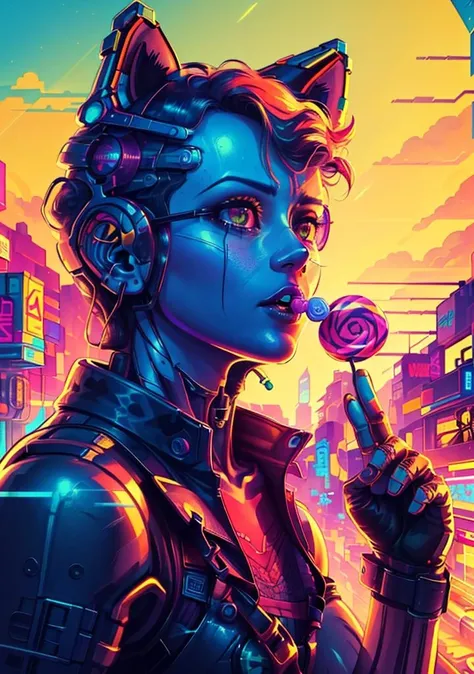(cat with a lollipop, cyborg:1.2), city, sun, illustration, vector,
(multicolored background:1),(dynamic pose:1.2),(dynamic angle:1),
(masterpiece:1.2), (best quality, highest quality), (ultra detailed), (8k, 4k, intricate), (50mm), (highly detailed:1.2),(gradients),(ambient light:1.3),Accent Lighting,extremely detailed,original, highres,
<lora:Synthwave_Style:0.75> synthwave,