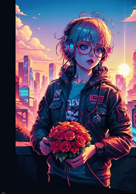 (punk girl, headphones, blue glasses:1.2), holding a flower, city, sun, illustration, vector,
(detailed landscape:1),(dynamic pose:1.2),(dynamic angle:1), (cowboy shot:1.2),
(masterpiece:1.2), (best quality, highest quality), (ultra detailed), (8k, 4k, intricate), (50mm), (highly detailed:1.2),(detailed face:1.2), detailed_eyes,(gradients),(ambient light:1.3),Accent Lighting,extremely detailed,original, highres,(perfect_anatomy:1.2),
<lora:Synthwave_Style:0.7> synthwave,