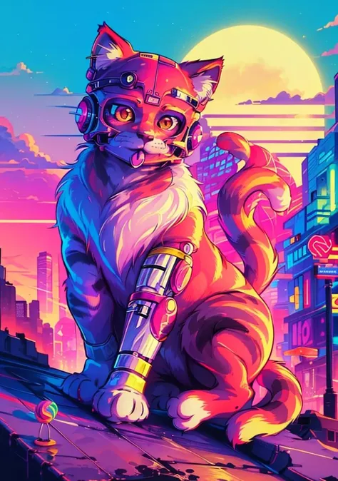 (cat with a lollipop, cyborg:1.2), city, sun, illustration, vector,
(multicolored background:1),(dynamic pose:1.2),(dynamic angle:1),
(masterpiece:1.2), (best quality, highest quality), (ultra detailed), (8k, 4k, intricate), (50mm), (highly detailed:1.2),(gradients),(ambient light:1.3),Accent Lighting,extremely detailed,original, highres,
<lora:Synthwave_Style:0.75> synthwave,