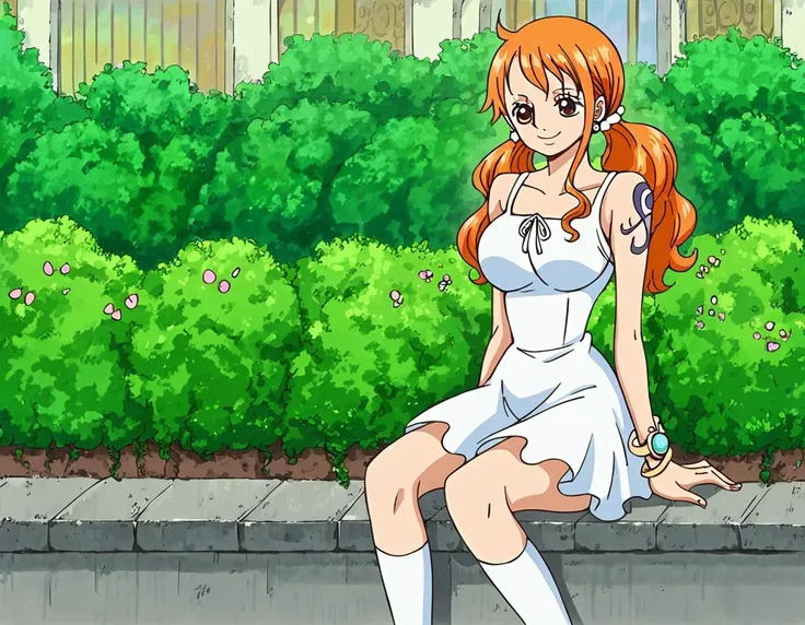 anime artwork score_9, score_8_up, 1girl, solo, nami, NAAmi, orange hair, white sundress, knee highs, mary janes, twintails, cute, garden, smile . anime style, key visual, vibrant, studio anime, highly detailed, anime artwork illustrating score_9, score_8_up, 1girl, solo, nami, NAAmi, orange hair, white sundress, knee highs, mary janes, twintails, cute, garden, smile. created by japanese anime studio. highly emotional. best quality, high resolution, score_9, score_8_up, 1girl, solo, nami, NAAmi, orange hair, white sundress, knee highs, mary janes, twintails, cute, garden, smile, detailed, cinematic, extremely, highly detail, beautiful, stunning, aesthetic, lucid, intricate, very inspirational, ambient background, illuminated, rich